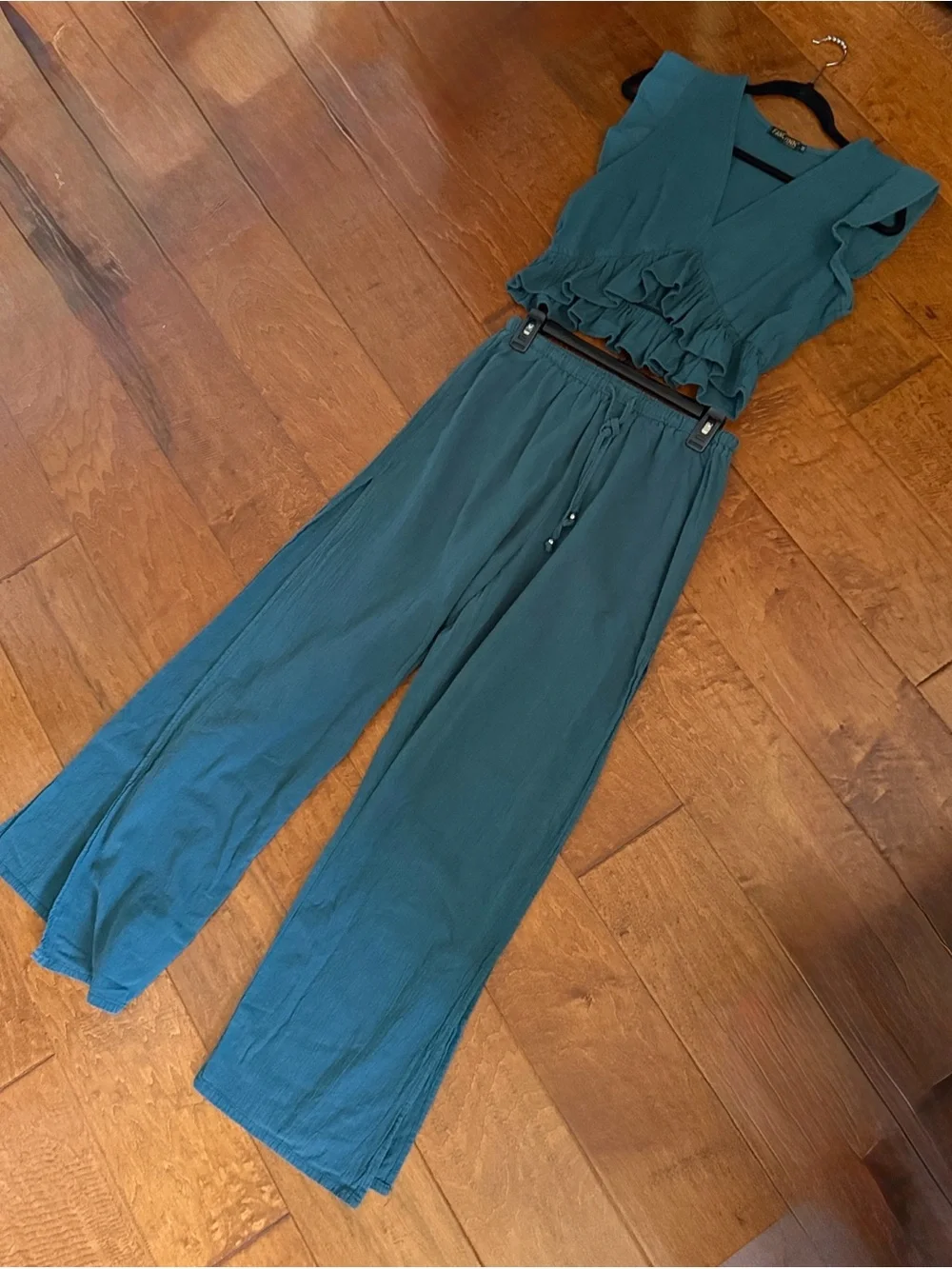 FANCYINN Teal 2 Piece Crop Top Wide Leg Side Slit Pants Set Medium